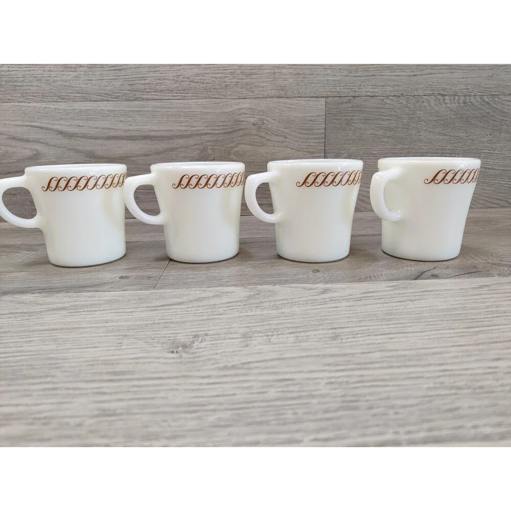 Set of 4 Pyrex 709 Gold Scroll Mugs Milk Glass MCM D-Handle Coffee Cups Vtg